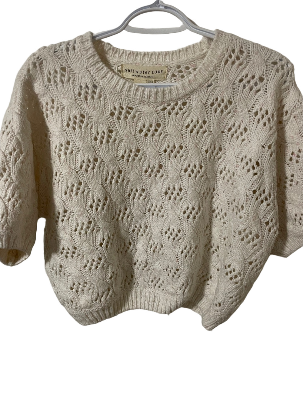 Saltwater LUXE Cream with Pink Hue Open-Knit Short Sleeve Sweater Size Medium